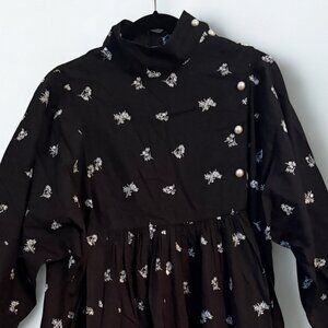 BATSHEVA | Black W. White Embroidered Flowers Smock Dress | 14 | HARD TO FIND!